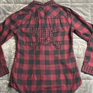 Maroon and Black Plaid Skull Flannel-Style Shirt